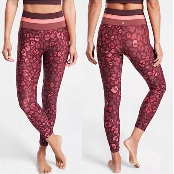 ATHLETA LEGGINGS M ELATION 7/8 CHEETAH LEOPARD PRINT RED BURGUNDY MAROON PINK - Picture 1 of 9